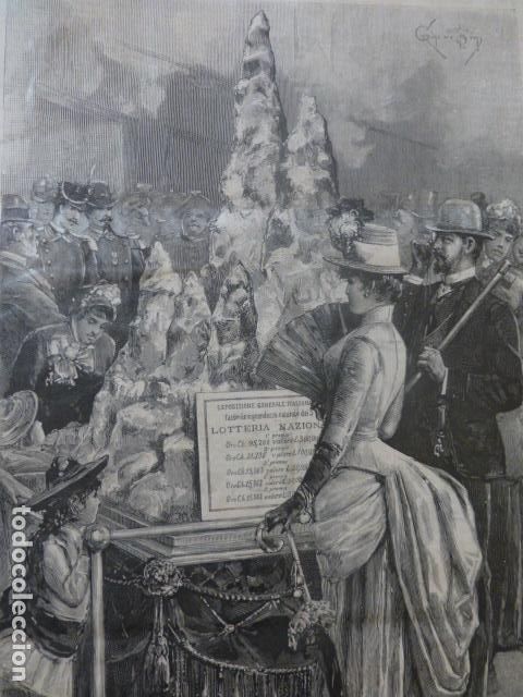 Arte: TURIN EXPOSICION LOTERIA LA MONTA&Ntilde;A DE ORO ANTIGUO GRABADO XILOGRAFICO XILOGRAFIA 1884