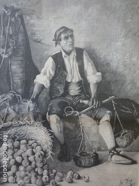 Kunst: CUADRO DE YUS Y COLAS ARAGON&Eacute;S VENDIENDO MELOCOTONES ANTIGUO GRABADO XILOGRAFICO XILOGRAFIA 1884