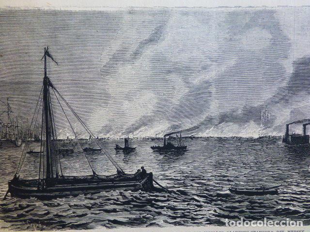 Arte: LIVERPOOL INGLATERRA INCENCIO DE LOS MUELLES ANTIGUO GRABADO XILOGRAFICO XILOGRAFIA 1874