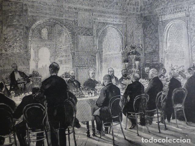 Arte: GRANADA BANQUETE EN LA ALHAMBRA ANTIGUO GRABADO XILOGRAFICO XILOGRAFIA 1887