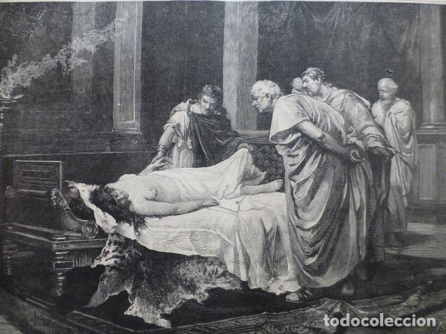 Arte: NERON ANTE EL CADAVER DE SU MADRE AGRIPINA ANTIGUO GRABADO XILOGRAFICO XILOGRAFIA 1887