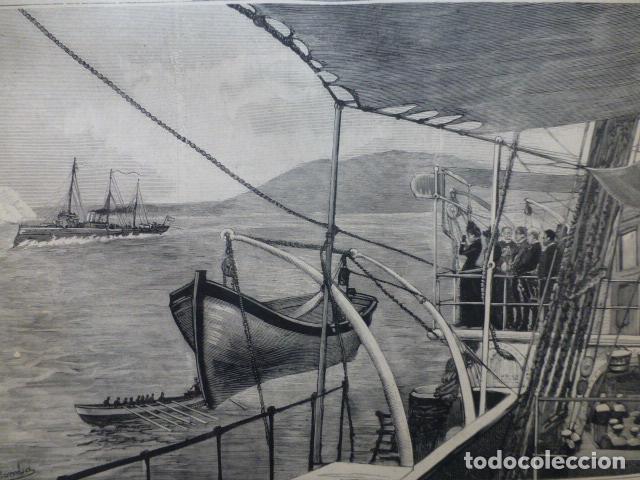 Arte: SAN SEBASTIAN REINA REGENTE PRESENCIANDO MANIOBRAS ANTIGUO GRABADO XILOGRAFICO XILOGRAFIA 1887