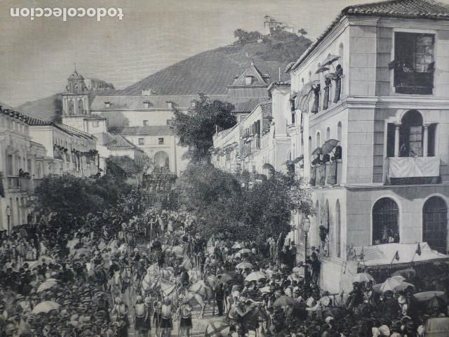 Kunst: MALAGA CABALGATA HISTORICA CENTENARIO RECONQUISTA ANTIGUO GRABADO XILOGRAFICO XILOGRAFIA 1887