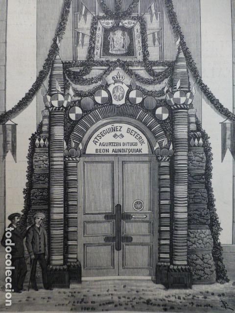 Arte: TOLOSA GUIPUZCOA ARCO POR EL VIAJE REGIO ANTIGUO GRABADO XILOGRAFICO XILOGRAFIA 1887