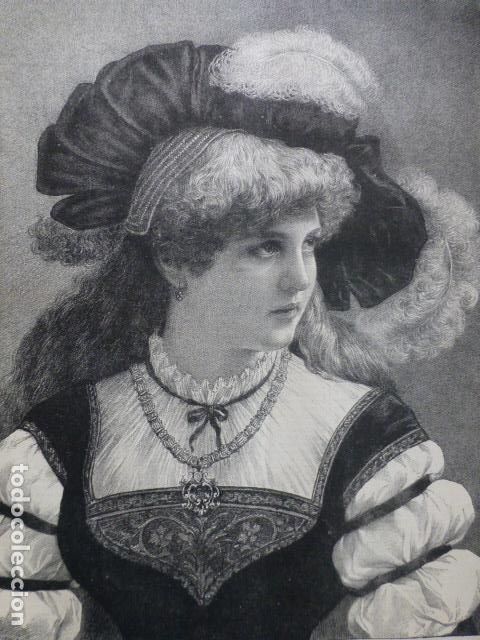 Kunst: DAMA ALEMANA DE LA EDAD MEDIA ANTIGUO GRABADO XILOGRAFICO XILOGRAFIA 1887