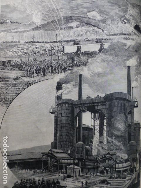 Arte: BILBAO BARACALDO VISITA DE LA REINA A MINAS ANTIGUO GRABADO XILOGRAFICO XILOGRAFIA 1887