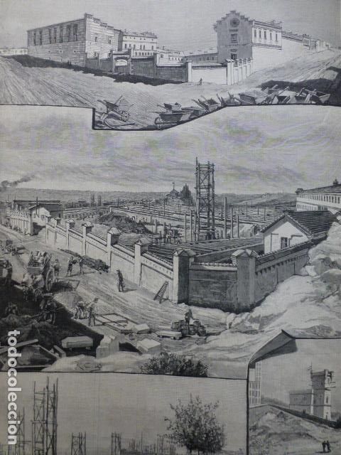 Kunst: MADRID NUEVAS CONSTRUCCIONES EN ATOCHA ANTIGUO GRABADO XILOGRAFICO XILOGRAFIA 1887