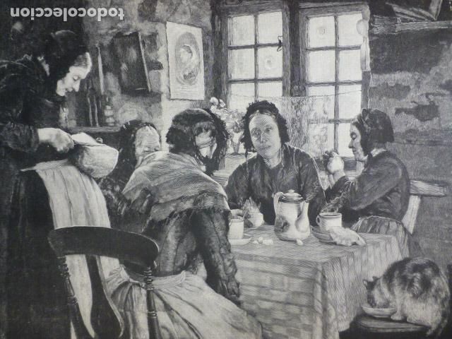 Kunst: ENTRE PORTERAS EL THE DE LAS CINCO ANTIGUO GRABADO XILOGRAFICO XILOGRAFIA 1887