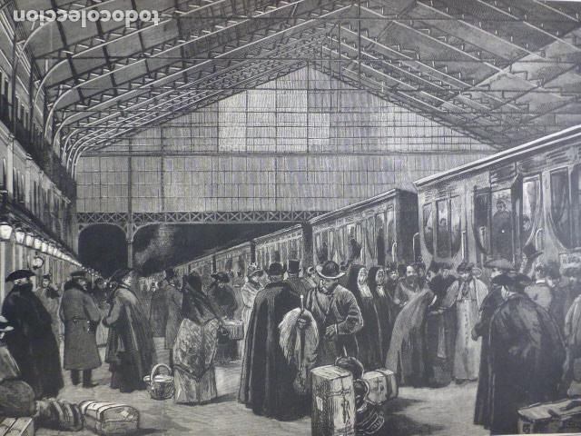 Arte: MADRID SALIDA DEL TREN DE PEREGRINOS ANTIGUO GRABADO XILOGRAFICO XILOGRAFIA 1887