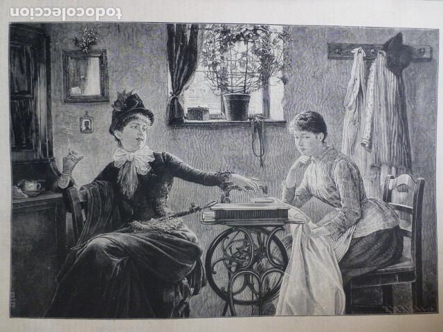 Arte: ENTRE HERMANAS LA VISITA DE A&Ntilde;O NUEVO ANTIGUO GRABADO XILOGRAFICO XILOGRAFIA 1887