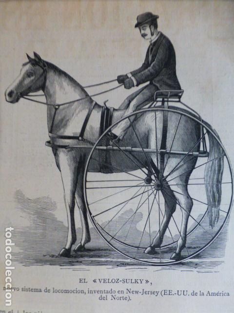 Arte: EL VELOZ SULKY CABALLO ANTIGUA XILOGRAFIA GRABADO XILOGRAFICO 1882