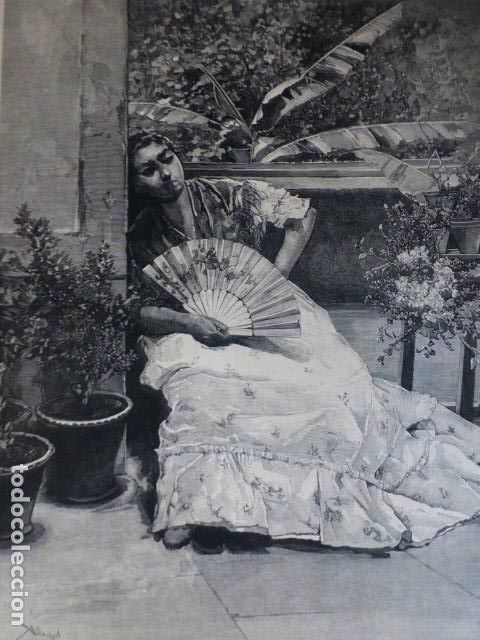 Kunst: EN UN PATIO DE TRIANA CUADRO DE VILLEGAS ANTIGUA XILOGRAFIA GRABADO XILOGRAFICO 1882