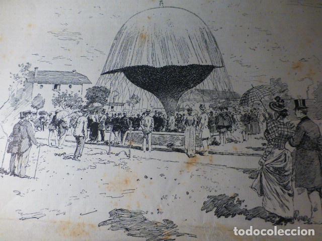 Arte: INFLACION DE GLOBO CUBIERTO PARACAIDAS GRABADO XILOGRAFICO XILOGRAFIA 1892