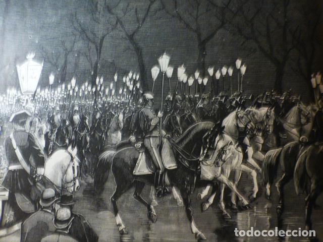 Arte: MADRID PASO RETRETA MILITAR POR PASEO RECOLETOS GRABADO XILOGRAFICO XILOGRAFIA 1892