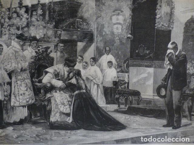Arte: LOS PADRES DEL CELEBRANTE DESPUES DE LA PRIMERA MISA ANTIGUA XILOGRAFIA ANTIGUA XILOGRAFIA 1888