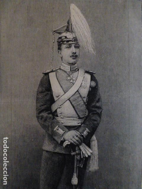 Arte: GUILLERMO CARLOS DE BADEN TENIENTE DEL REGIMIENTO DE HULANOS ANTIGUA XILOGRAFIA 1888