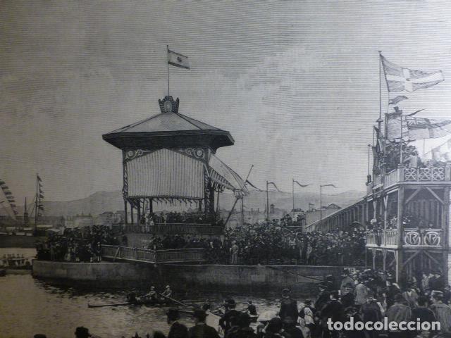 Arte: BARCELONA VISITA DE SS MAJESTADES REGATAS INTERNACIONALES ANTIGUA XILOGRAFIA 1888