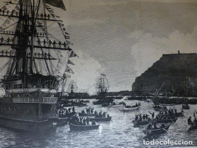 Arte: BARCELONA VISITA DE LA REINA A LA ESCUADRA ANTIGUA XILOGRAFIA 1888