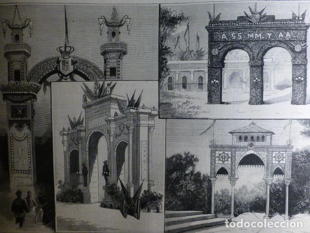 Arte: VALENCIA VISITA REAL ARCOS EN HONOR A SUS MAJESTADES ANTIGUA XILOGRAFIA 1888
