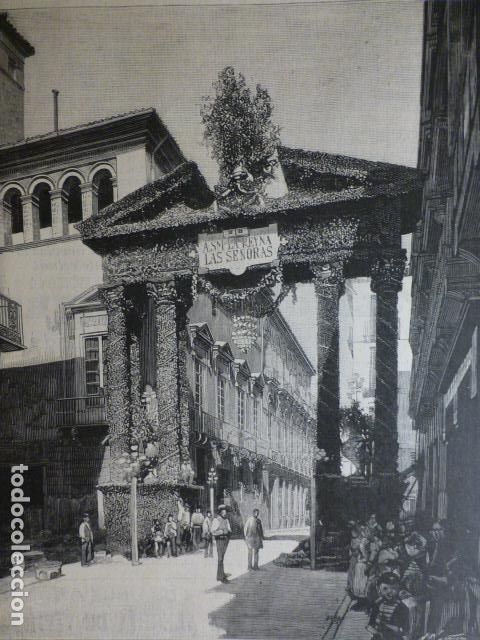 Arte: VALENCIA ARCO DE ROSAS CLAVELES Y MIRTO EN HONOR A SS. MM. ANTIGUA XILOGRAFIA 1888