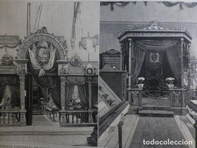 Arte: BARCELONA EXPOSICION UNIVERSAL ENTRADA Y PABELLON URUGUAY ANTIGUA XILOGRAFIA 1888
