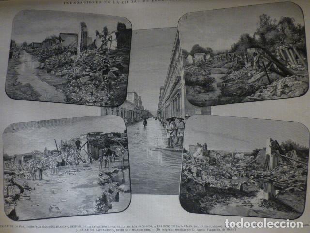 Arte: LEON MEXICO INUNDACIONES VARIAS VISTAS ANTIGUA XILOGRAFIA 1888