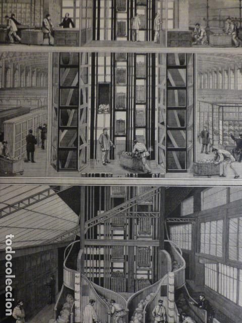Arte: PARIS NUEVO HOTEL DES POSTES ELEVADORES DE CARGAS ANTIGUA XILOGRAFIA 1888