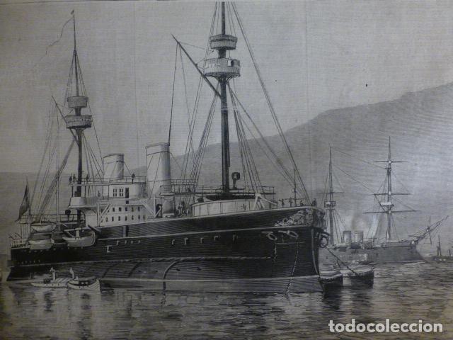 Arte: TOLON FRANCIA ACORAZADO PELAYO EN SU PUERTO ANTIGUA XILOGRAFIA 1888