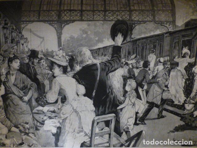 Arte: MADRID SALIDA DE UN TREN EN LA ESTACION DEL NORTE ANTIGUA XILOGRAFIA 1888