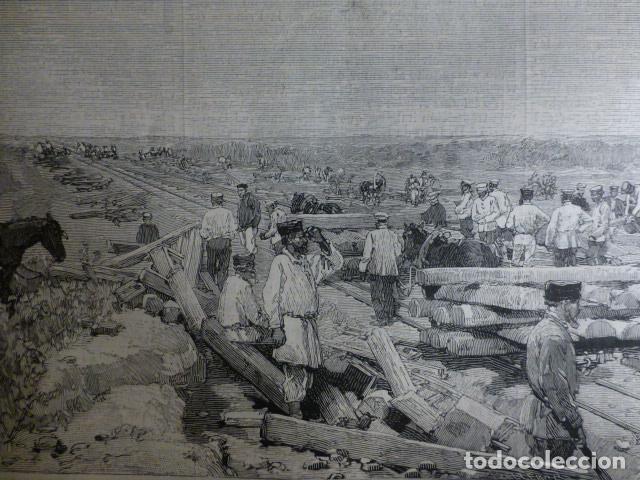 Arte: RUSIA FERROCARRIL TRANSCASPIANO COLOCACION RAILES ANTIGUA XILOGRAFIA 1888