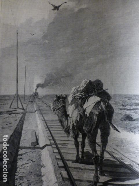 Arte: FERROCARRIL TRANSCASPIANO AYER Y HOY DIBUJO DE M. KARAZINE ANTIGUA XILOGRAFIA 1888