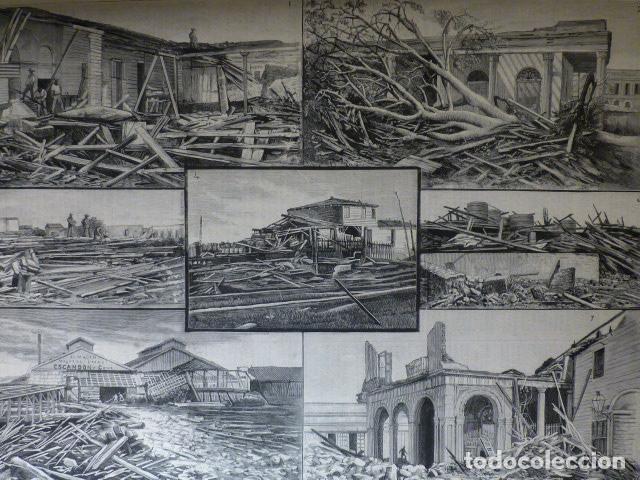 Arte: SAGUA CUBA EFECTOS DEL PASO DEL CICLON ANTIGUA XILOGRAFIA 1888