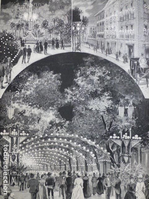 Arte: BARCELONA ILUMINACION POR LA FIESTA DE LA MERCED ANTIGUA XILOGRAFIA 1888