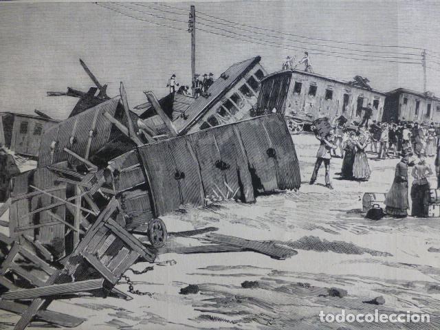 Arte: BURGOS DESCARRILAMIENTO DE TREN HACIA SANTAS MARTAS ANTIGUA XILOGRAFIA 1888
