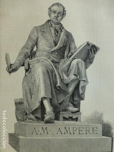 Arte: ESTATUA DE ANDRES MARIA AMPERE ANTIGUA XILOGRAFIA 1888