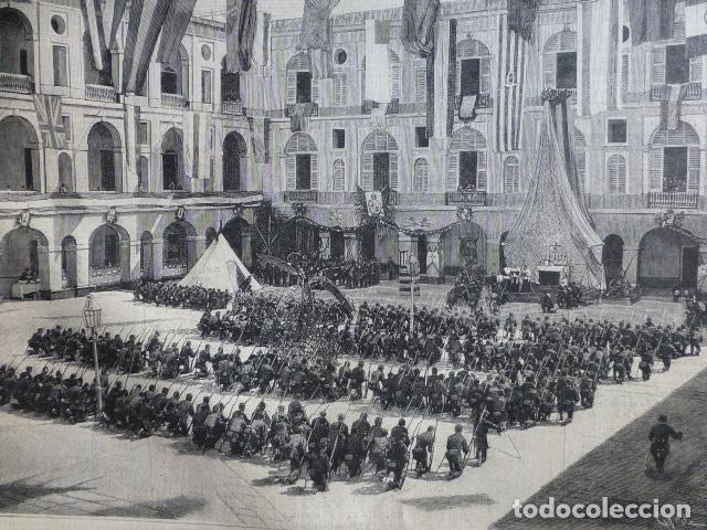 Kunst: PUERTO RICO BENDICION A LA BANDERA REGALADA POR REINA REGENTE CUARTE BALLAJ&Aacute; ANTIGUA XILOGRAFIA 1888