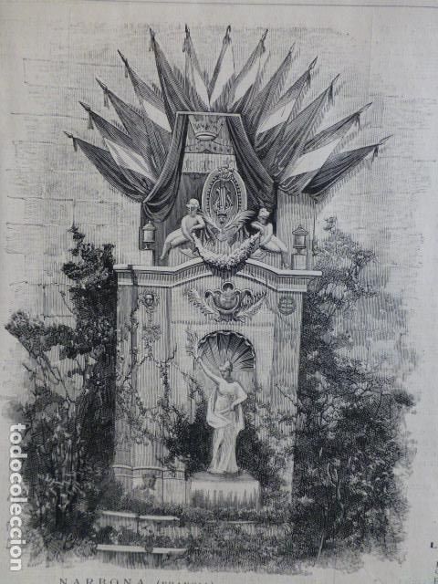 Arte: NARBONA FRANCIA FUENTE ALEGORICA ANTIGUA XILOGRAFIA 1888