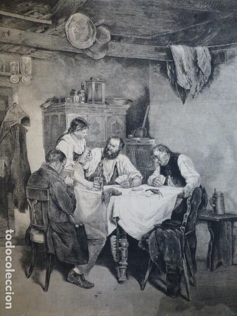 Arte: PAUSA EN EL JUEGO DE NAIPES GRABADO XILOGRAFICO XILOGRAFIA 1874