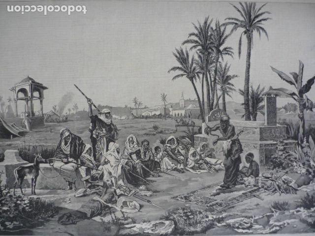 Kunst: COSTUMBRES ARABES MAGNETIZADOR DE SERPIENTES ANTIGUA XILOGRAFIA 1883