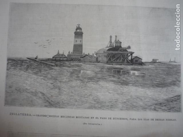 Arte: INGLATERRA BOCINAS MECANICAS FARO DUNGENESS GRABADO XILOGRAFICO XILOGRAFIA 1895
