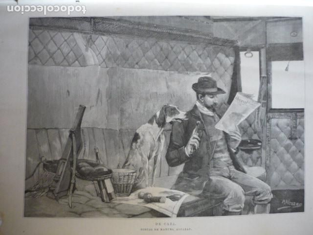Art: DE CAZA DIBUJO DE MANUEL ALCAZAR GRABADO XILOGRAFICO XILOGRAFIA 1895