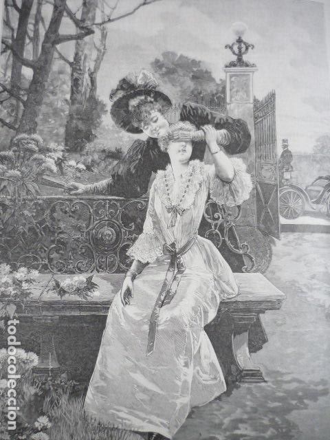 Kunst: &iquest;QUIEN SOY? DOS MUJERES ELEGANTES DIBUJO DE PICCOLO GRABADO XILOGRAFICO XILOGRAFIA 1895