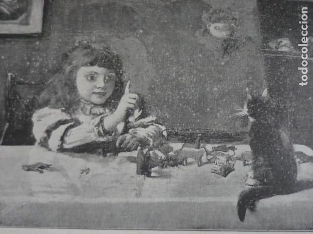 Arte: AMIGO SOSPECHOSO NI&Ntilde;A CON GATO GRABADO XILOGRAFICO XILOGRAFIA 1895
