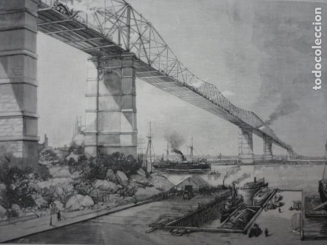 Arte: NUEVA YORK PUENTE EN EL EAST RIVER GRABADO XILOGRAFICO XILOGRAFIA 1895