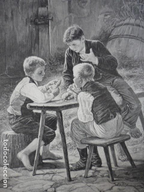 Art: EN CAMINO PELIGROSO NI&Ntilde;OS JUGANDO NAIPES GRABADO XILOGRAFICO XILOGRAFIA 1895