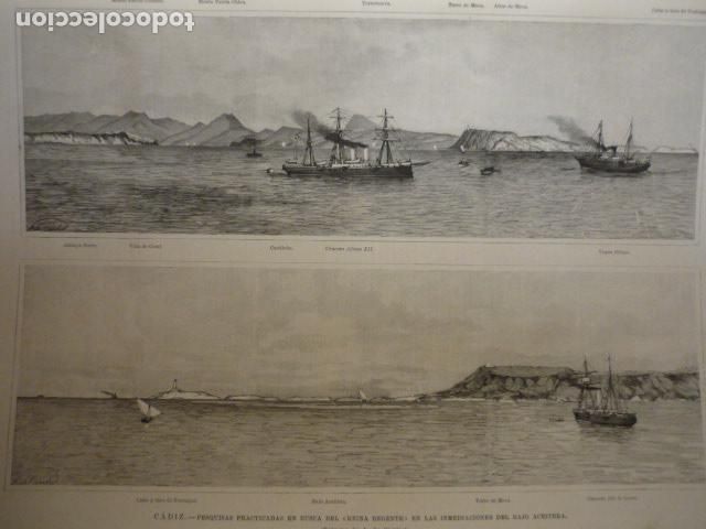 Kunst: CADIZ PRACTICAS DEL CRUCERO REINA REGENTE GRABADO XILOGRAFICO XILOGRAFIA 1895