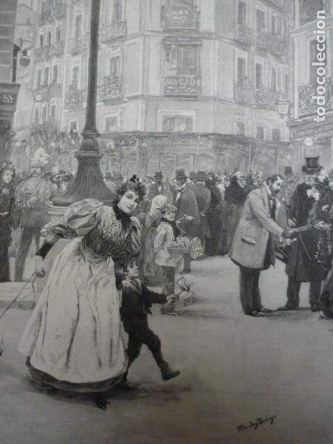Art: MADRID UNA TARDE EN LAS CUATRO CALLES GRABADO XILOGRAFICO XILOGRAFIA 1895
