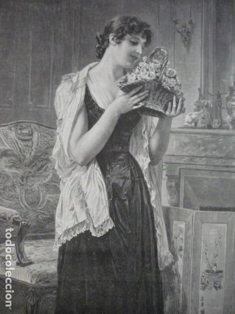 Art: LAS PRIMERAS ROSAS DAMA CON CESTO GRABADO XILOGRAFICO XILOGRAFIA 1895