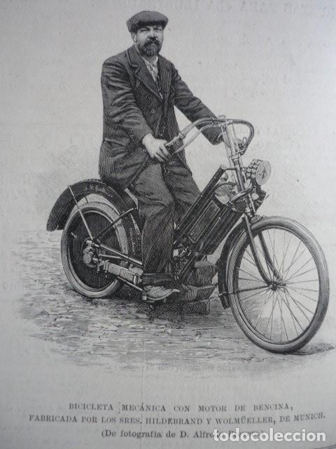 Arte: BICICLETA MECANICA MOTOR BENCINA HILDEBRAND Y WOLMUELLER GRABADO XILOGRAFICO XILOGRAFIA 1895
