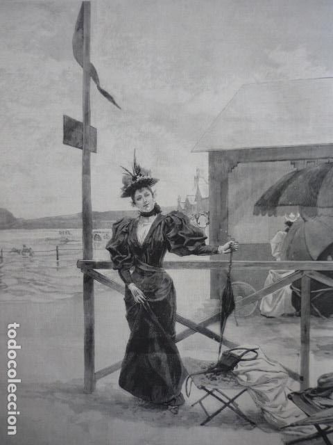 Art: EN LA PLAYA DAMA ELEGANTE GRABADO XILOGRAFICO XILOGRAFIA 1895